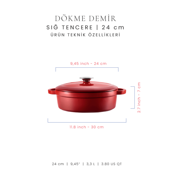 Voeux L'amour 24 cm Sığ Döküm Tencere Kırmızı - -Voeux Kitchen