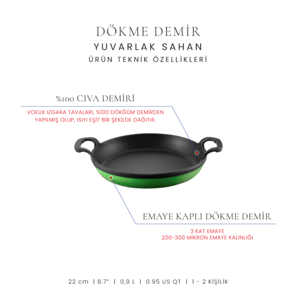 Voeux Foret Yuvarlak Döküm Sahan 22 cm Yeşil ve Nihale - -Voeux Kitchen