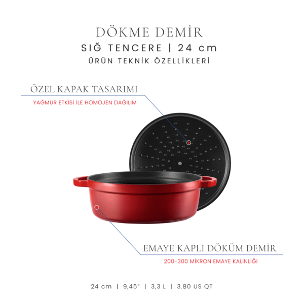 Voeux L'amour 24 cm Sığ Döküm Tencere Kırmızı - -Voeux Kitchen